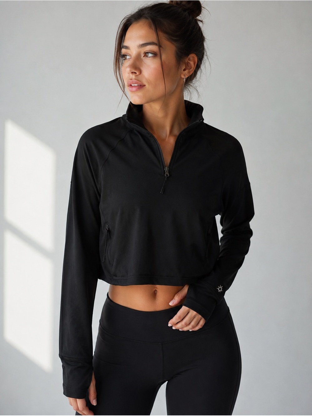 Offline by aerie Warmup Real Good Black XS cropped Quarter-Zip Pullover Hoodie
